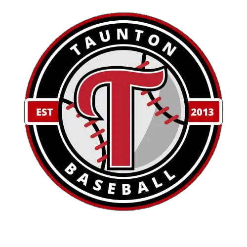 Taunton Baseball circular logo with a red T over a baseball.